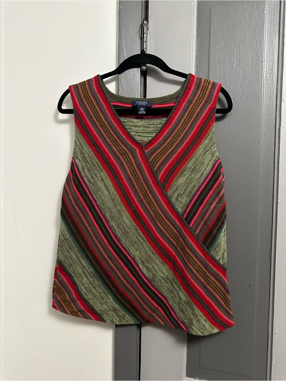 Chaps Olive Green Multicolor Striped Wrap-Front Tank(does not open)
